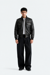 Sable Black Leather Bomber Jacket