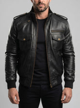 Sable Black Leather Bomber Jacket