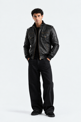 Sable Black Leather Bomber Jacket